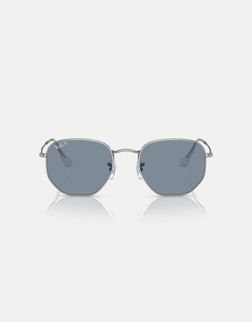 Ray-Ban hexagonal flat lenses irregular polarised sunglasses in silver with blue lens in silver, 3 of 4
