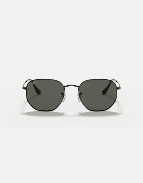 Ray-Ban Hexagonal flat lenses irregular polarised sunglasses with green lens in black - view 1