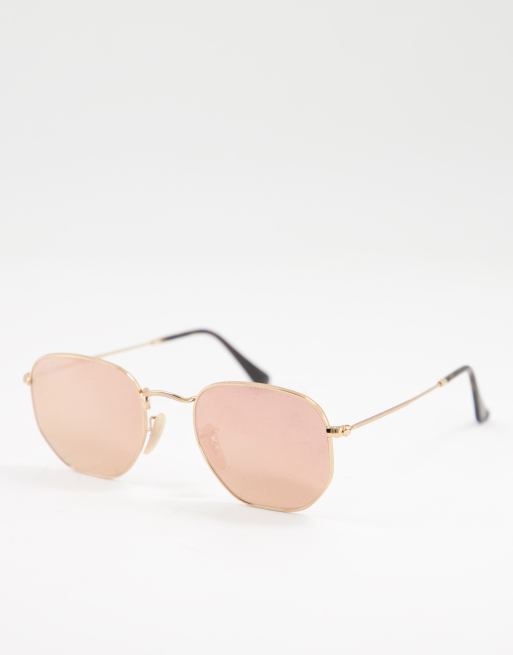 Ray-Ban hexagonal sunglasses in gold with pink lens | ASOS