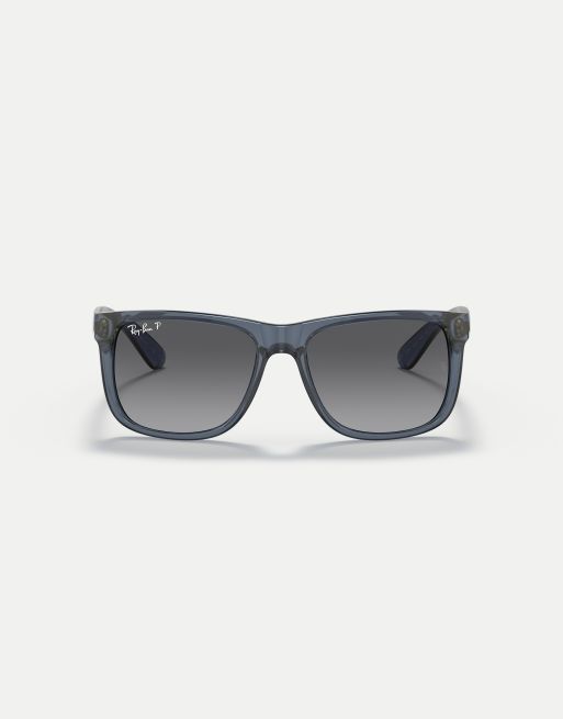 Ray-Ban justin classic square polarised sunglasses in blue with grey lens in transparent blue, 3 of 4