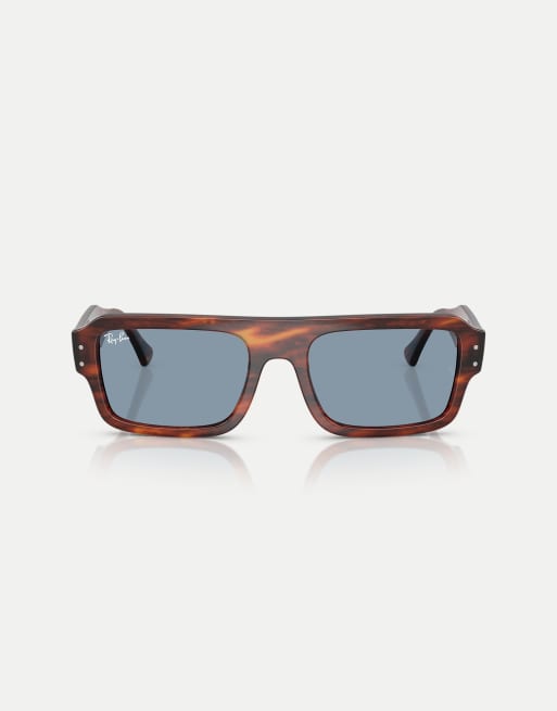 Ray-Ban – Lukas – Rechteckige Sonnenbrille in gestreiftem Havana mit blauen Gläsern