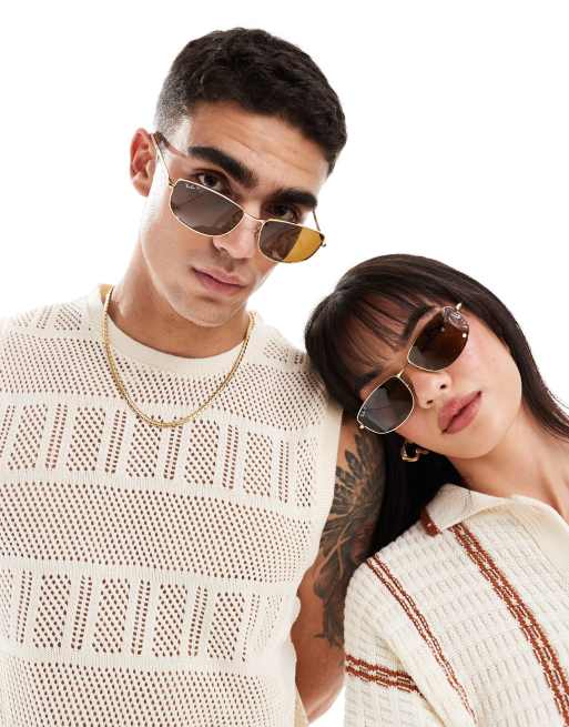 Ray-Ban - Lunettes de soleil carrées en métal à verres polarisés - Doré/marron