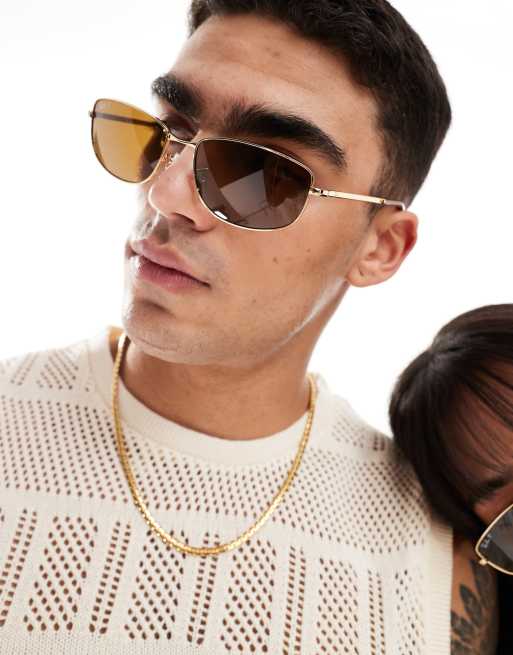 Ray-Ban - Lunettes de soleil carrées en métal à verres polarisés - Doré/marron, 2 de 4