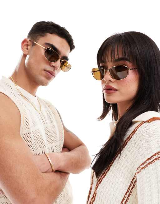 Ray Ban Lunettes de soleil carrees en metal a verres polarises Dore marron ASOS