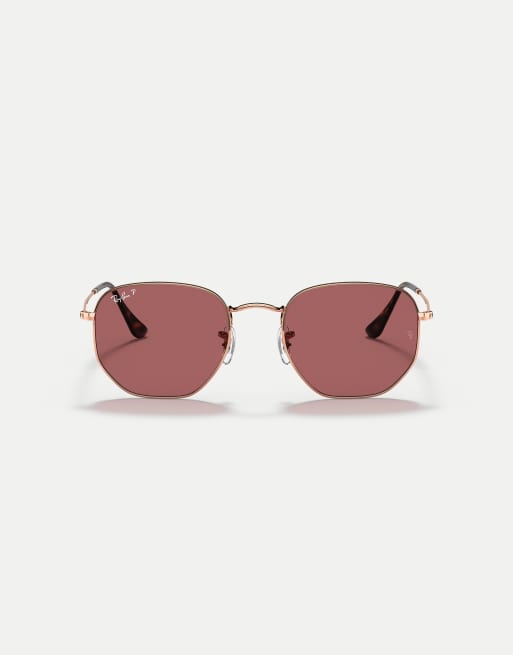 Ray-Ban - Lunettes de soleil plates hexagonales à verres polarisés violets - Or rose, 2 de 3
