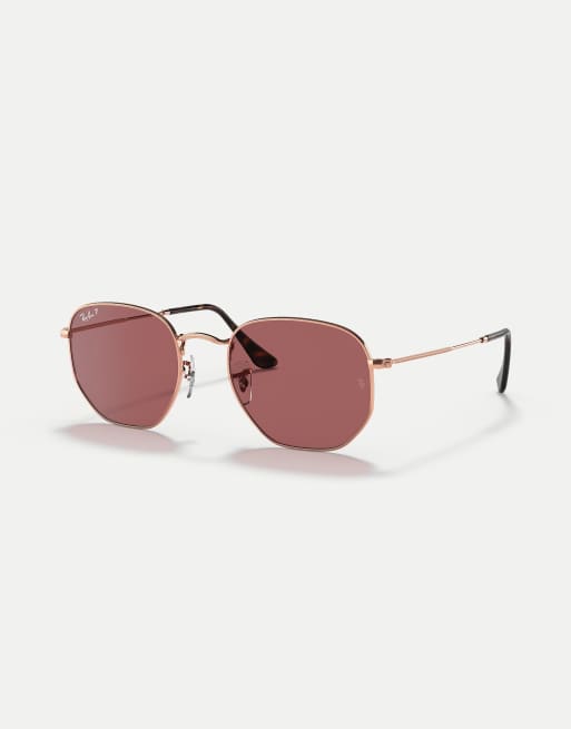 Ray-Ban - Lunettes de soleil plates hexagonales à verres polarisés violets - Or rose, 3 de 3