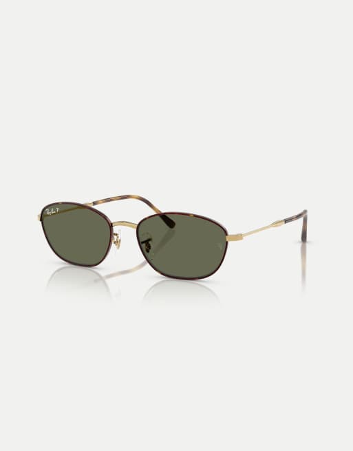 Ray-Ban - Lunettes de soleil polarisées irrégulières à verres verts - Havana et doré