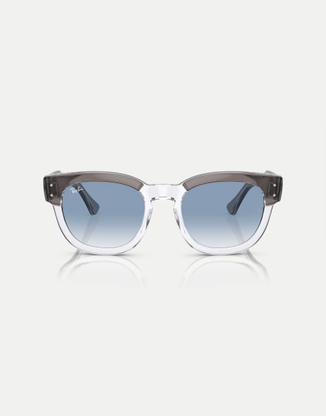 Ray-Ban Mega hawkeye square sunglasses with blue lens in grey on transparent - view 1