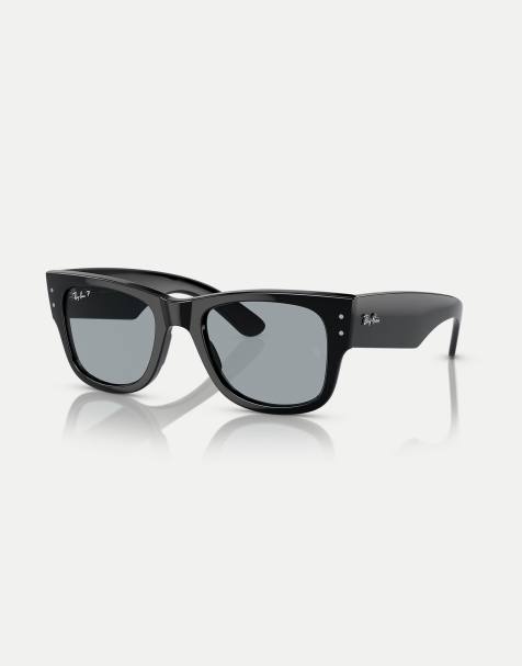 Ray-Ban mega wayfarer square polarised sunglasses in black with blue lens in black - view 1