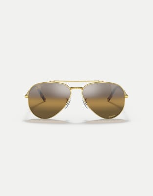 Ray-Ban New aviator pilot polarised sunglasses with brown mirrored lens in gold