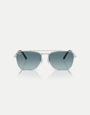 Ray-Ban - New Caravan - Eckige Sonnenbrille in Silber-Optik mit blauen Gläsern