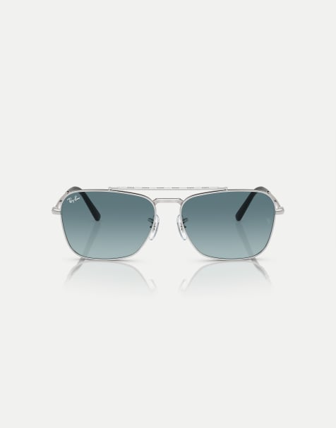 Ray-Ban – New Caravan – Eckige Sonnenbrille in Silber-Optik mit blauen Gläsern - view 1