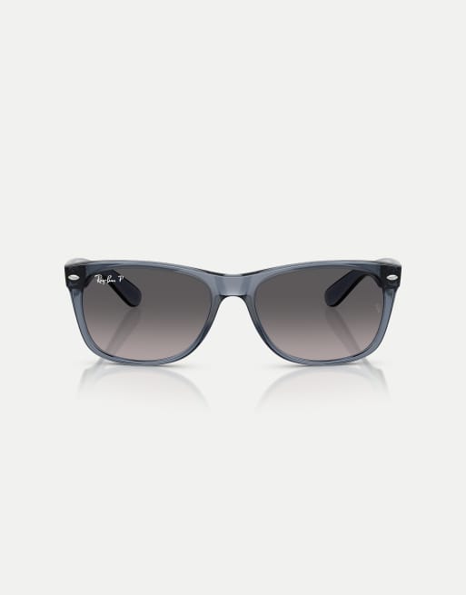 Ray-Ban – New – Eckige, polarisierte Wayfarer-Sonnenbrille in transparentem Dunkelblau mit grauen Gläsern