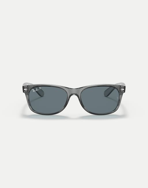 Ray-Ban New wayfarer classic square polarised sunglasses with blue lens in transparent grey, 2 of 3