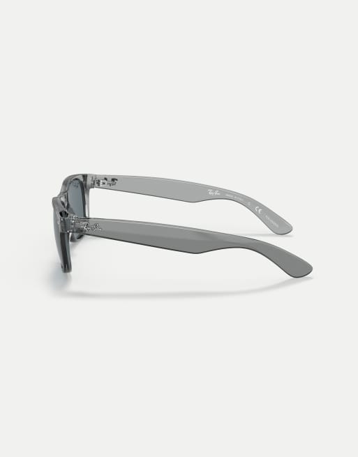 Ray-Ban New wayfarer classic square polarised sunglasses with blue lens in transparent grey, 3 of 3