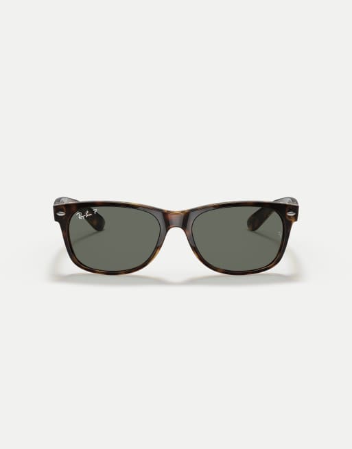 Ray-Ban New wayfarer classic square polarised sunglasses with green lens in tortoise, 2 of 3