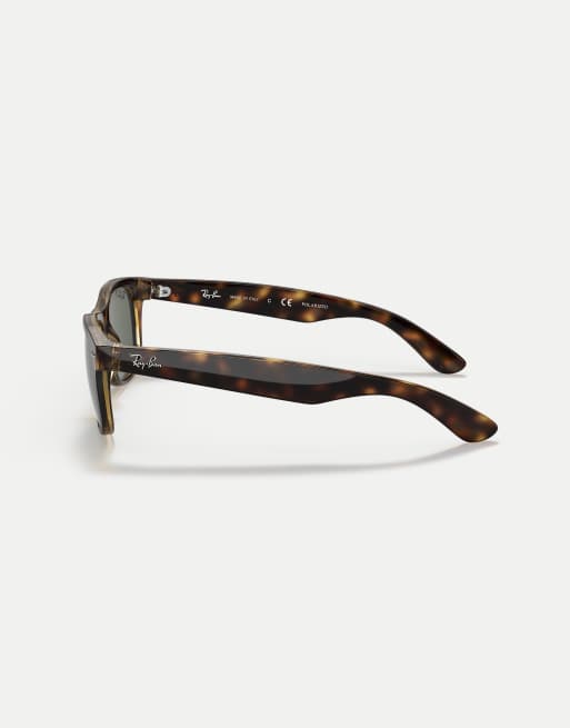 Ray-Ban New wayfarer classic square polarised sunglasses with green lens in tortoise, 3 of 3