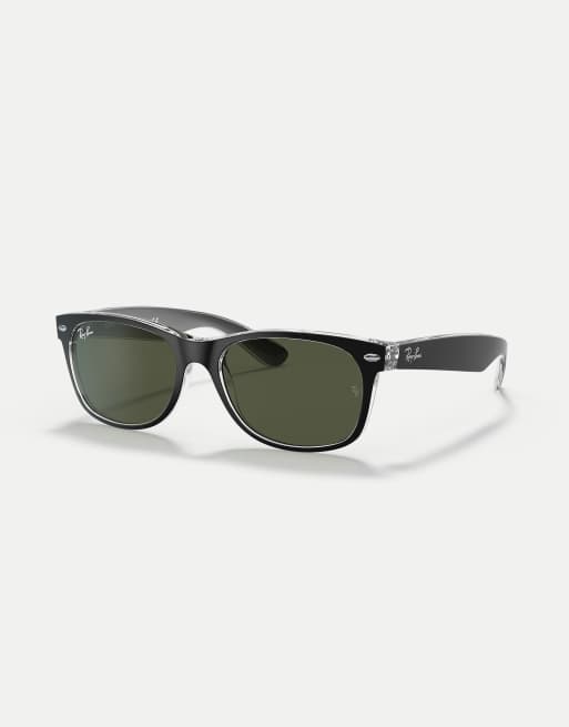 Ray-Ban New Wayfarer eckige Sonnenbrille mit grünen Gläsern in Schwarz auf Transparent, 3 von 4
