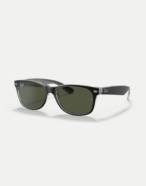 Ray-Ban New Wayfarer occhiali da sole squadrati bicolor con lenti verdi, nero su trasparente, 3 di 4