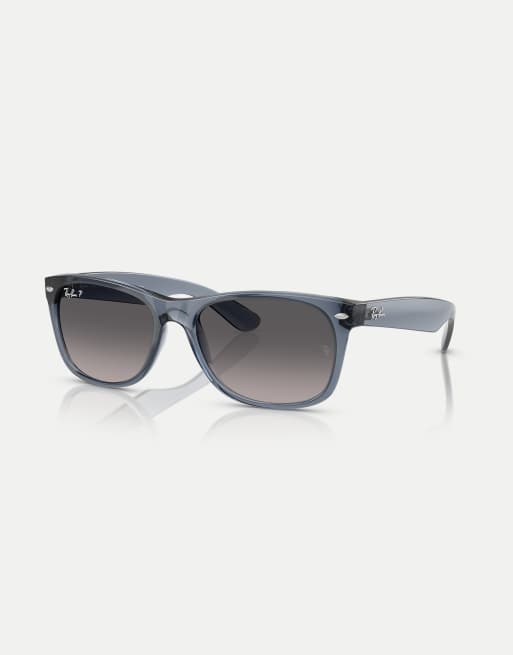 Ray-Ban New wayfarer square polarised sunglasses with grey lens in transparent dark blue, 3 of 4