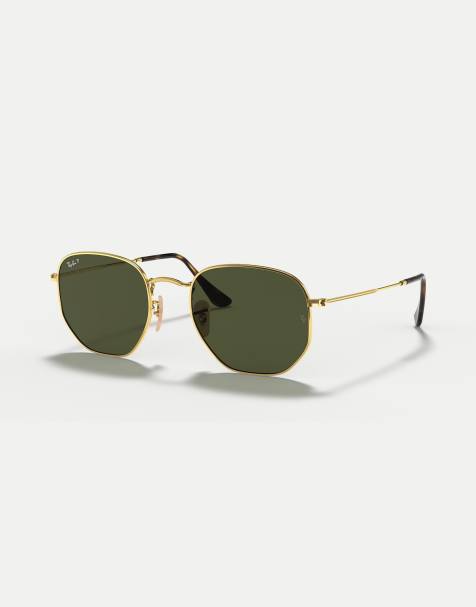 Ray-Ban - Occhiali da sole polarizzati di forma esagonale irregolare piatta color oro con lenti verdi - view 1
