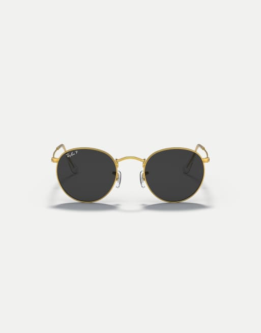 Ray-Ban - Occhiali da sole rotondi in metallo color oro con lenti nere polarizzate