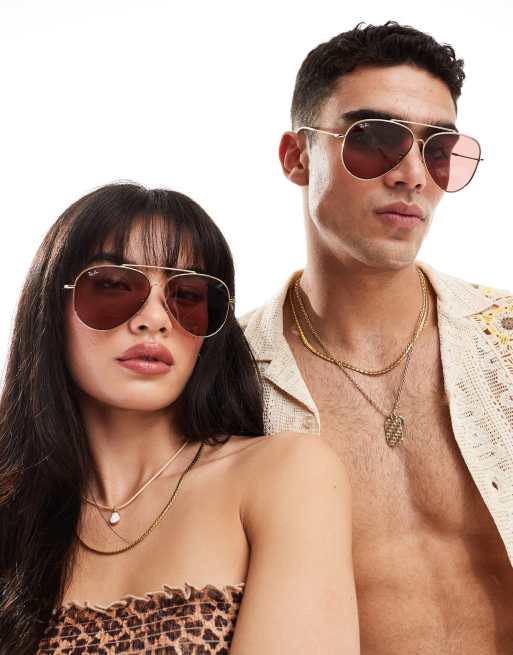 Ray-Ban – Okulary przeciwsłoneczne typu aviator w oprawkach w kolorze złota z czerwonymi soczewkami