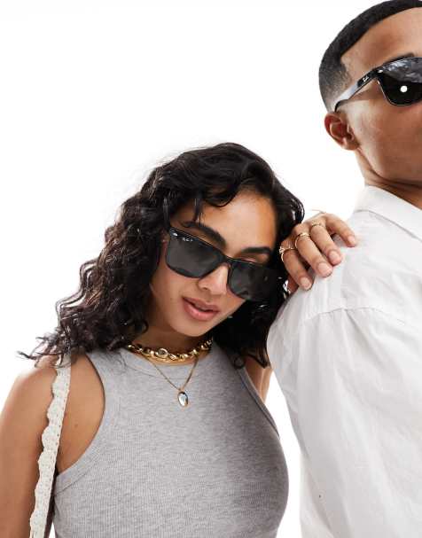 Ray-Ban polarised square sunglasses with green lens in black - view 1