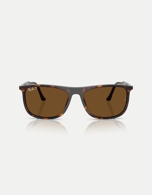 Ray-Ban Rb2216 rectangle polarised sunglasses with brown lens in havana