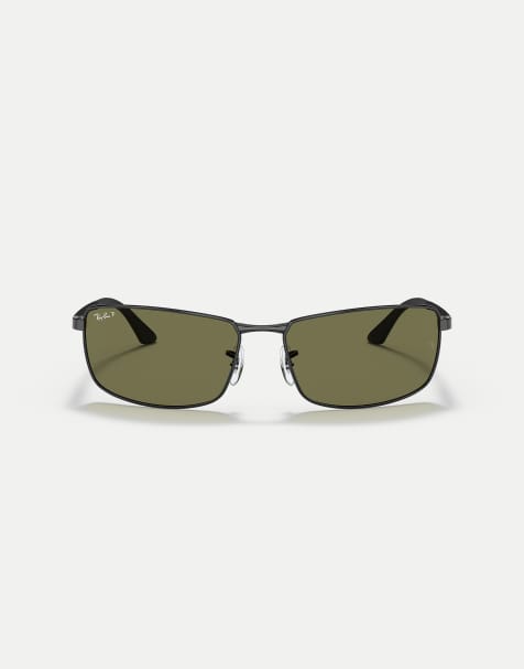 Ray-Ban Rb3498 rectangle polarised sunglasses with green lens in black - view 1