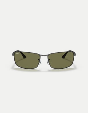 Ray-Ban Rb3498 rectangle polarised sunglasses with green lens in black