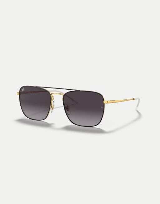 Ray-Ban – RB3588 – Eckige Sonnenbrille in Schwarz und Gold mit grauen Gläsern