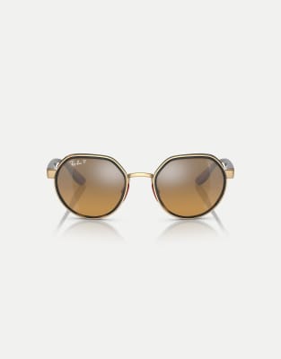 Ray-Ban - Rb3703m - Scuderia Ferrari Collection - Unregelmäßige, polarisierte Sonnenbrille in Goldoptik mit braun verspi...