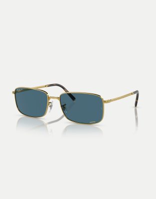 Ray-Ban - RB3717 - Rechteckige, polarisierte Sonnenbrille in Gold mit blauen Gläsern-Goldfarben