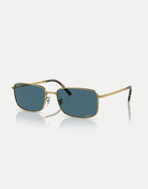 Ray-Ban rb3717 rectangle polarised sunglasses with blue lens in gold, 3 of 4