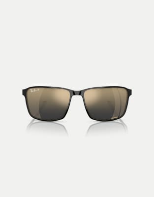 Ray-Ban - Rb3721ch Chromance - Eckige polarisierte Sonnenbrille in Schwarz auf Gold mit blau verspiegelten Gläsern