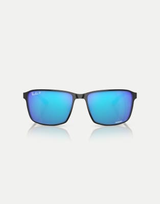 Ray-Ban - Rb3721ch Chromance - Eckige, polarisierte Sonnenbrille in Schwarz auf Silber mit blau verspiegelten Gläsern