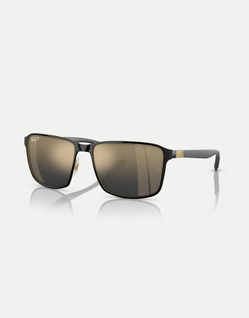 Ray-Ban - RB3721CH Chromance - Occhiali da sole squadrati neri e oro con lenti blu a specchio polarizzate, 3 di 3