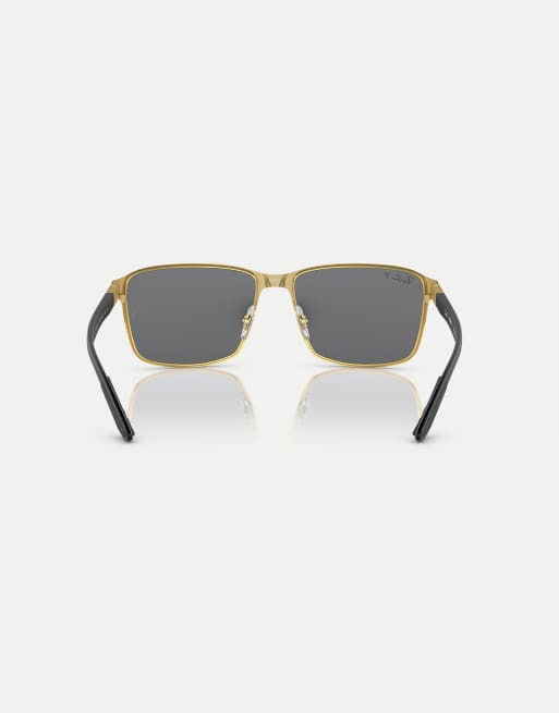 Ray-Ban Rb3721ch chromance square polarised sunglasses with blue mirrored lens in black on gold, 2 of 4