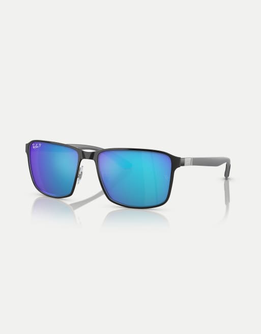 Ray-Ban Rb3721ch chromance square polarised sunglasses with blue mirrored lens in black on silver, 3 of 3