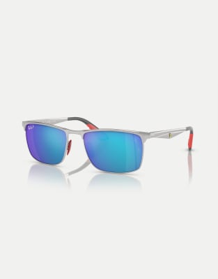 Ray-Ban - Rb3726m - Scuderia Ferrari Collection - Rechteckige, polarisierte Sonnenbrille in Silber-Optik mit blau verspi...