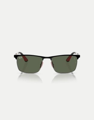 Ray-Ban - Rb3726m - Scuderia Ferrari Collection - Rechteckige Sonnenbrille in Schwarz auf Silber mit grünen Gläsern
