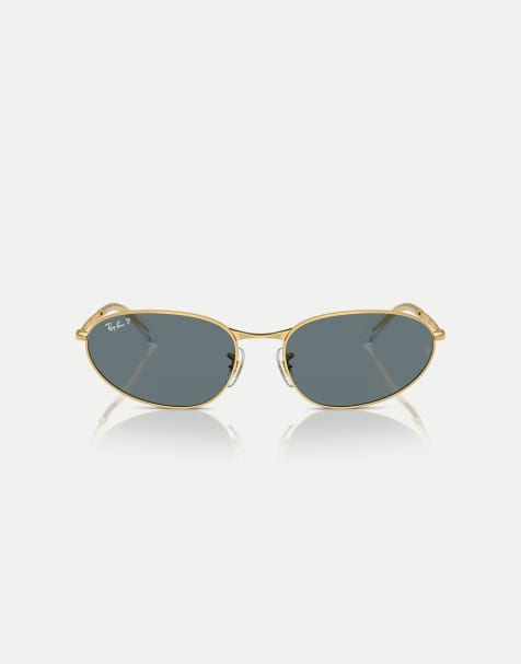 Ray-Ban Rb3734 irregular polarised sunglasses with blue lens in arista gold - view 1