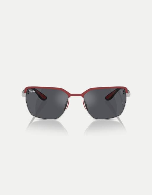 Ray-Ban - Rb3743m Scuderia Ferrari Collection - Occhiali da sole squadrati rossi su canna di fucile con lenti grigie