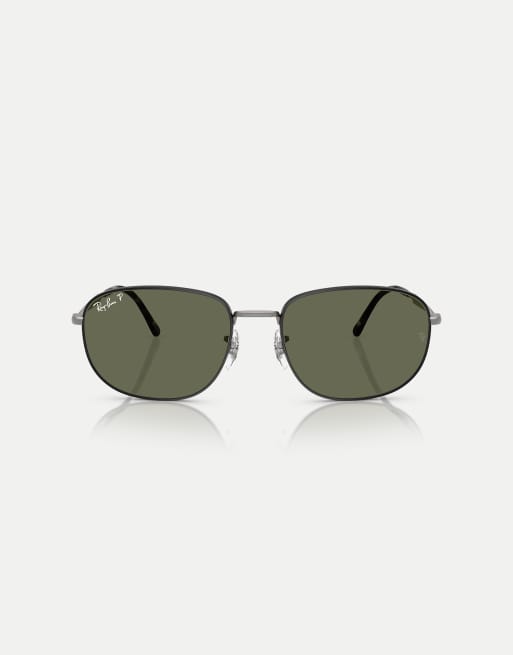Ray-Ban – Rb3754 – Rechteckige, polarisierte Sonnenbrille in Mattschwarz auf mattem Stahlgrau mit grünen Gläsern