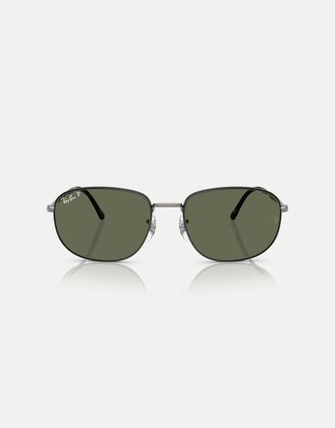 Ray-Ban Rb3754 rectangle polarised sunglasses with green lens in matte black on matte gunmetal - view 1