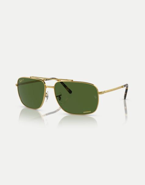 Ray-Ban rb3796 rectangle polarised sunglasses with green lens in gold - view 1