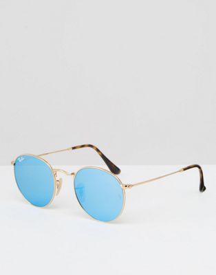 Ray-Ban Round Metal Flat Lens Mirror in Blue with Gold Frame