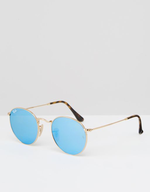 Ray Ban Round Metal Flat Lens Mirror in Blue with Gold Frame