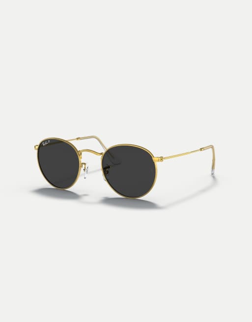 Ray-Ban Round metal round polarised sunglasses with black lens in gold, 3 of 4